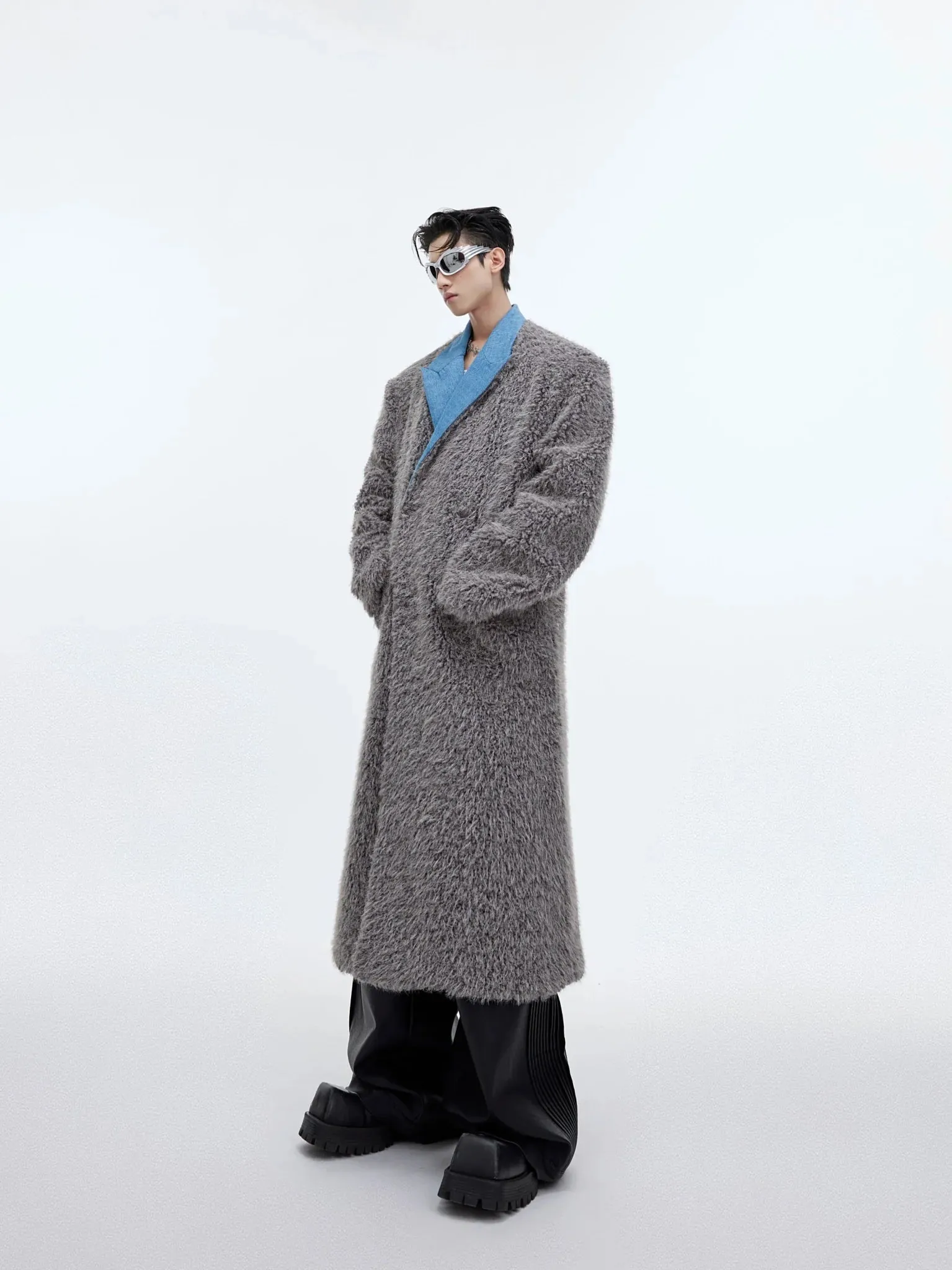 Deconstructed Faux Fur Long Overcoat | Trench Coat with Denim Collar