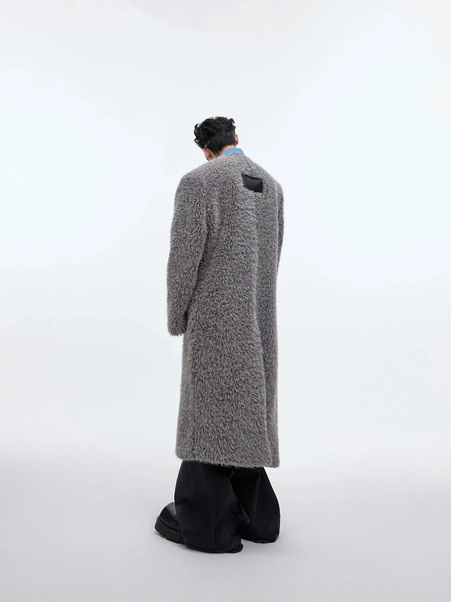 Deconstructed Faux Fur Long Overcoat | Trench Coat with Denim Collar