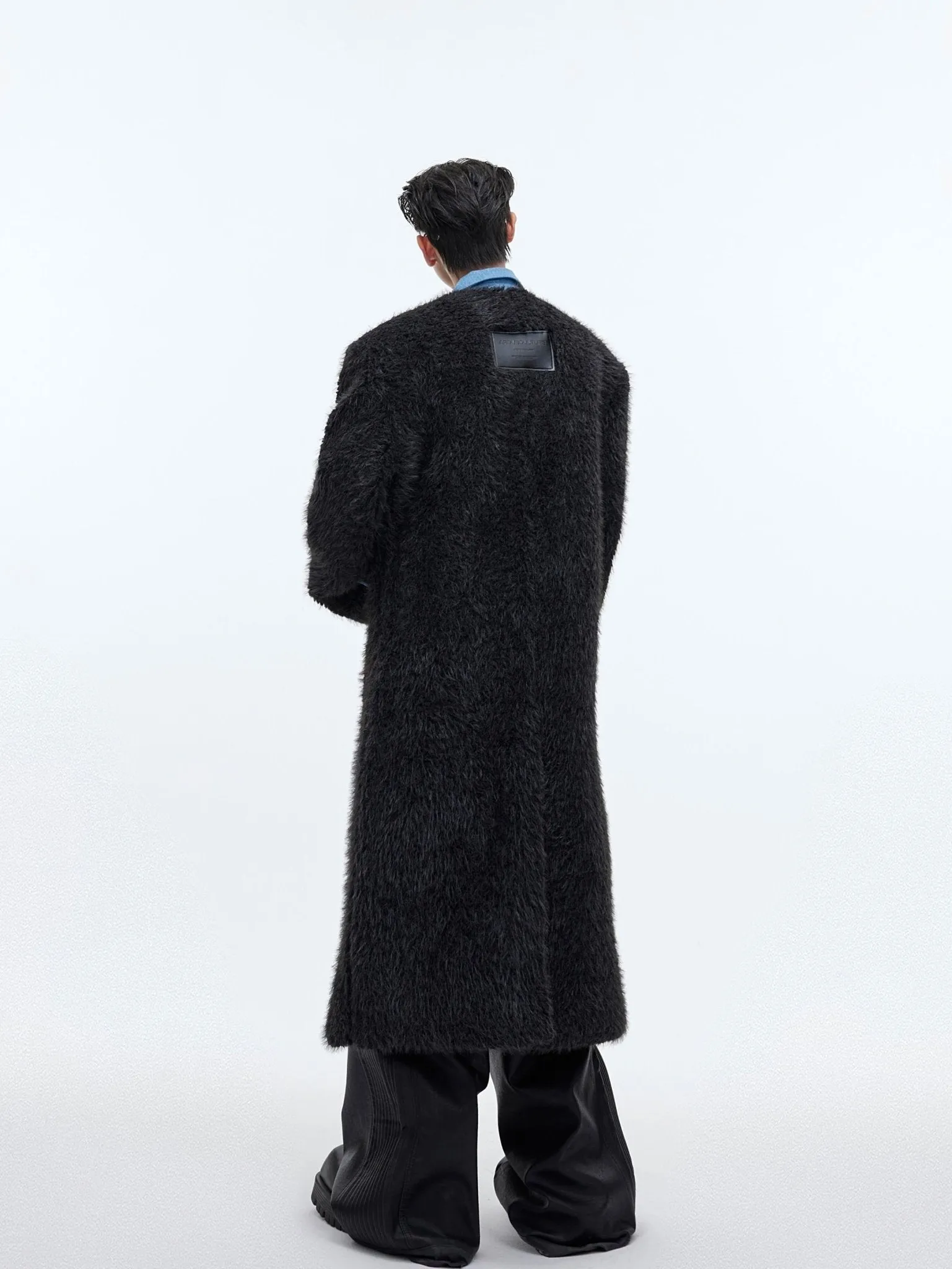 Deconstructed Faux Fur Long Overcoat | Trench Coat with Denim Collar