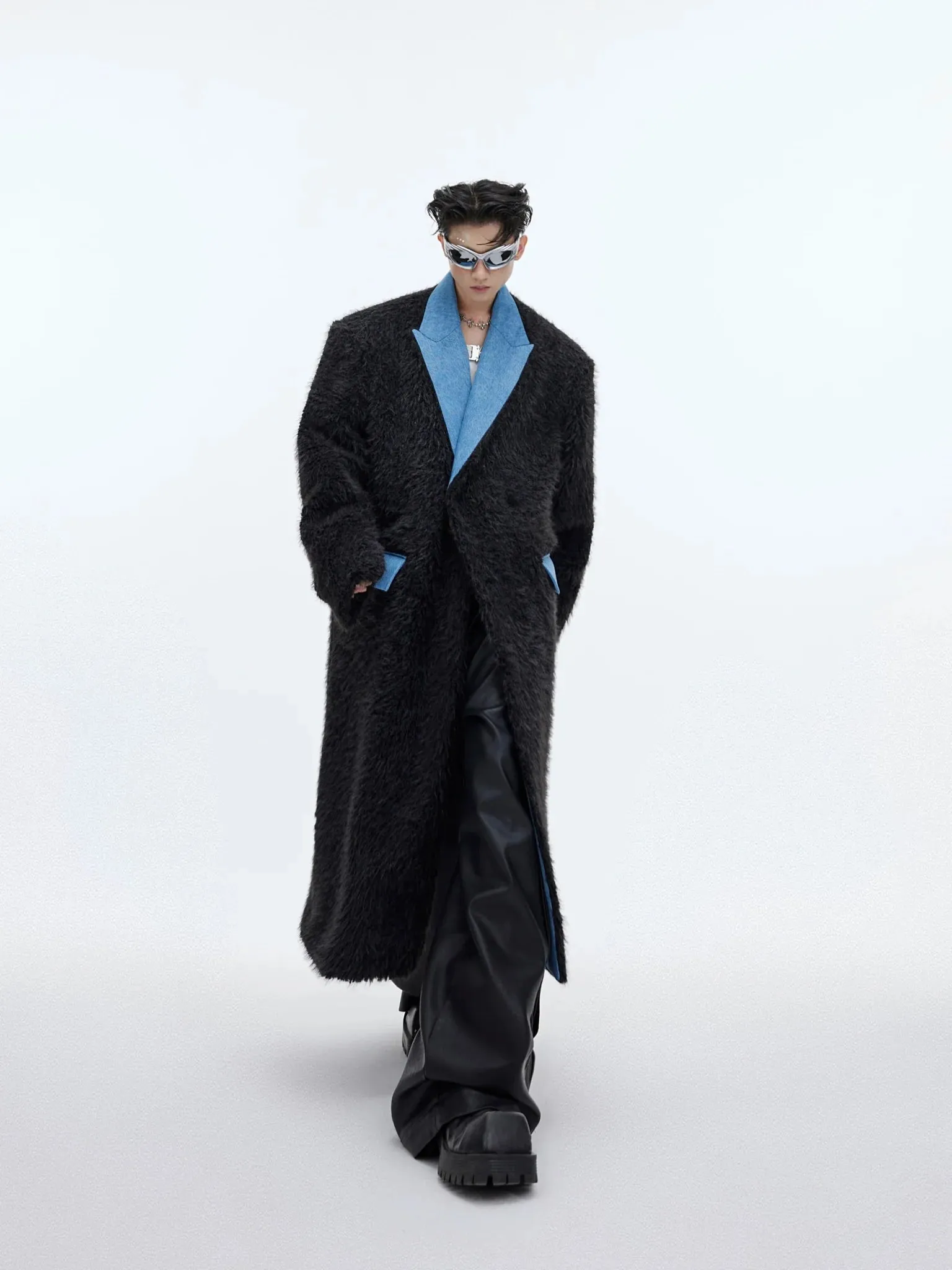 Deconstructed Faux Fur Long Overcoat | Trench Coat with Denim Collar