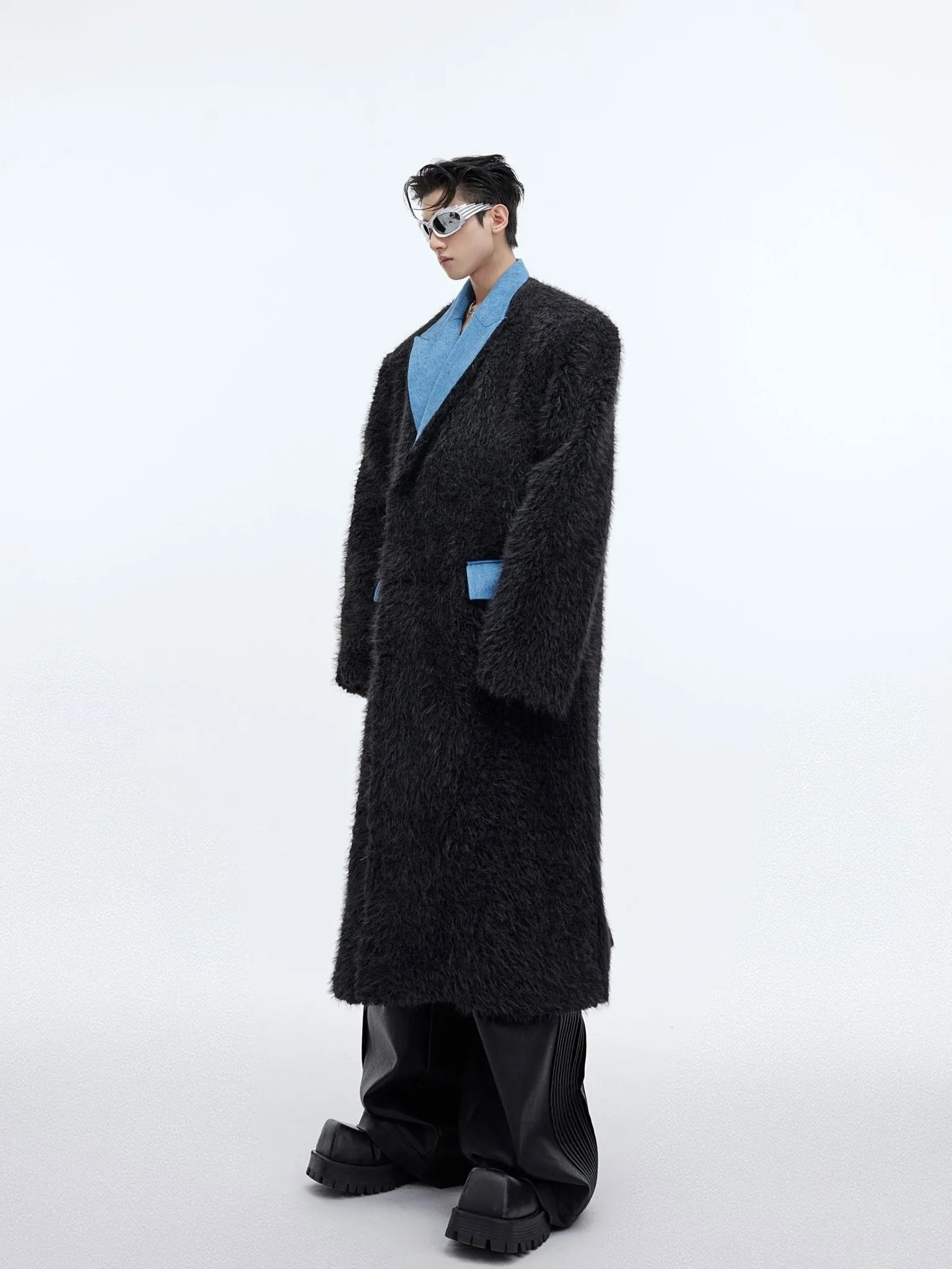 Deconstructed Faux Fur Long Overcoat | Trench Coat with Denim Collar