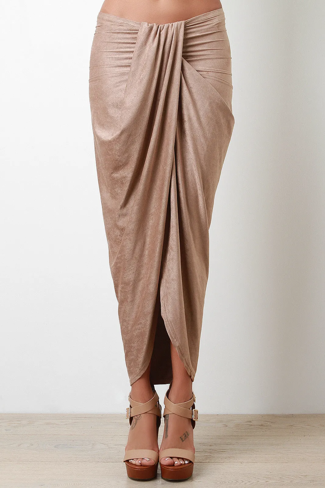 Draped Front Suede Midi Skirt