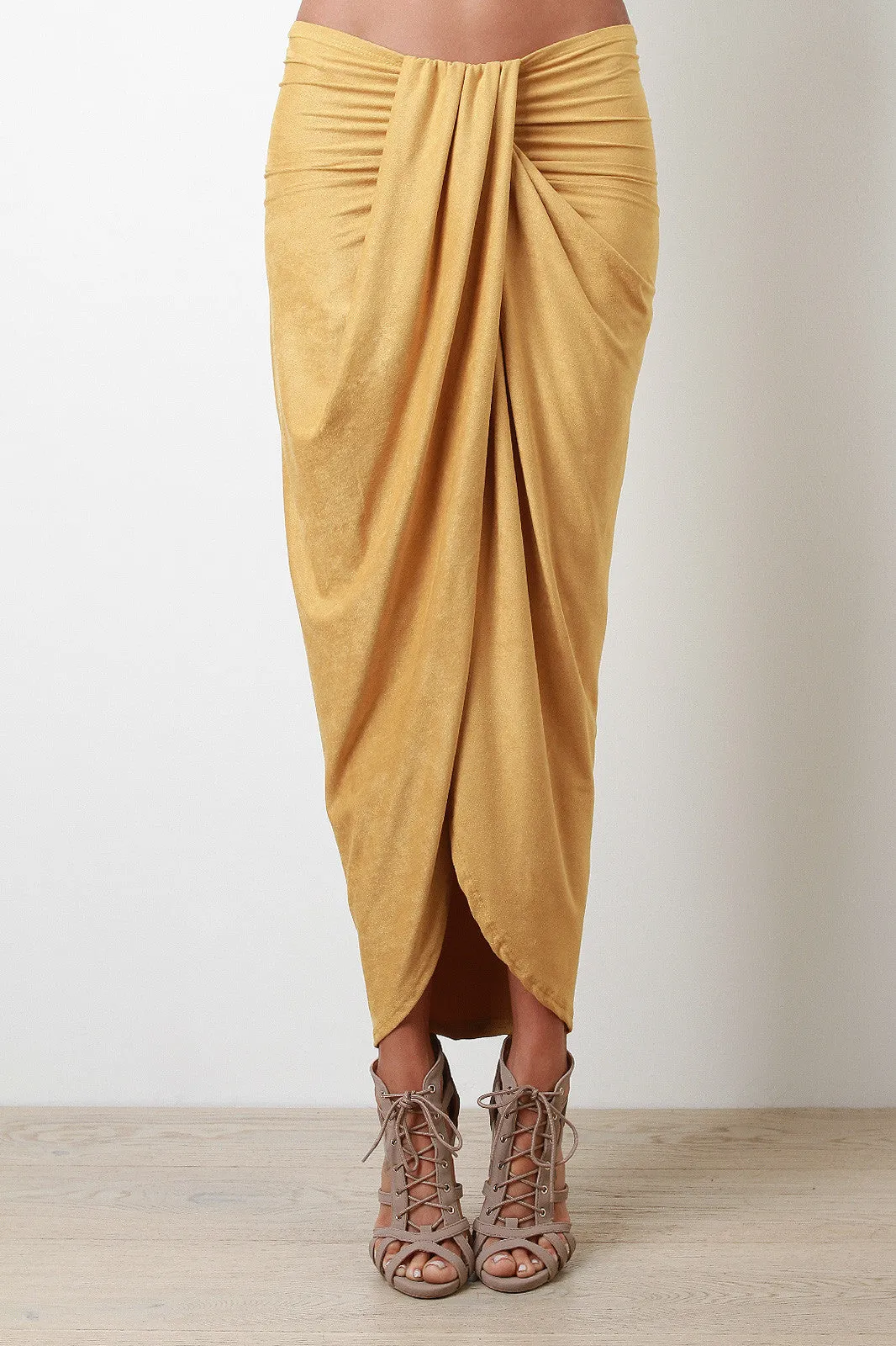 Draped Front Suede Midi Skirt