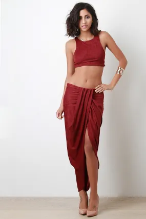 Draped Front Suede Midi Skirt