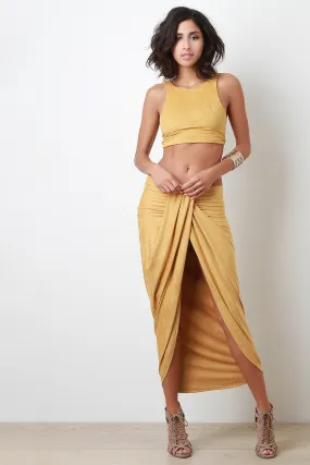 Draped Front Suede Midi Skirt