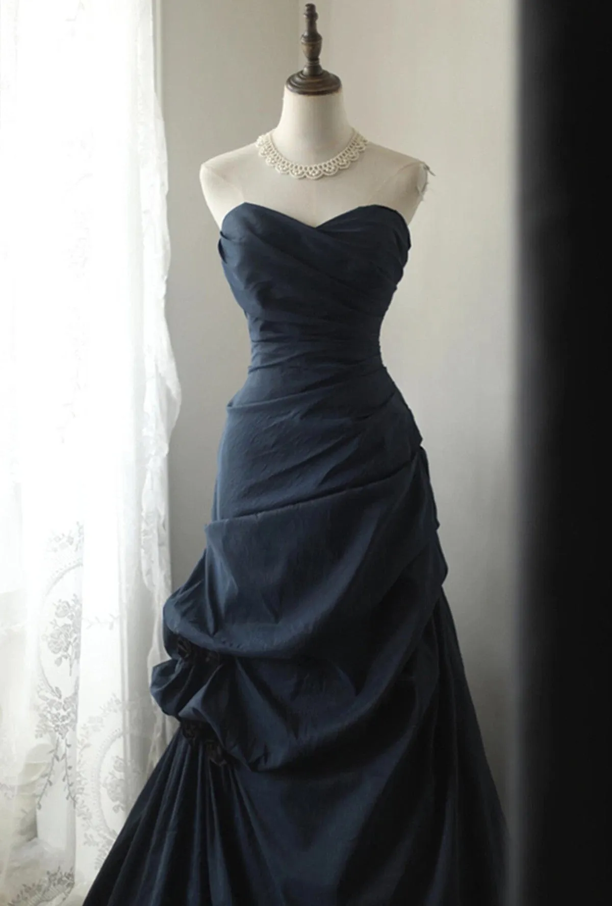 Elegant Blue Sweetheart Taffeta Long Formal Dress, Blue Taffeta Prom Dress