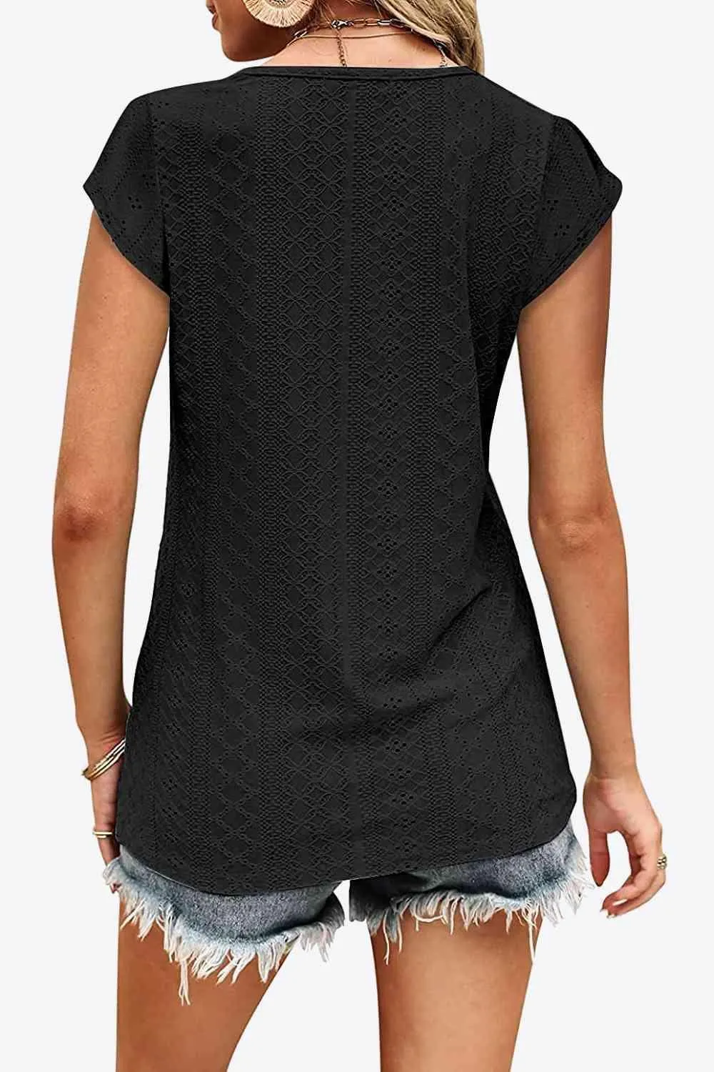 Elegant Eyelet Chevron V-Neck Tee with Stylish Openwork Design