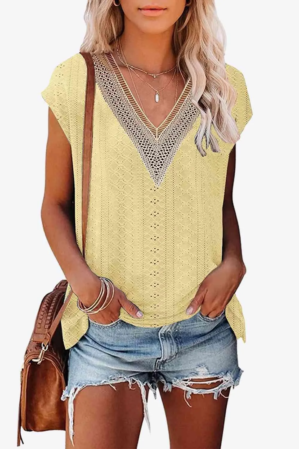 Elegant Eyelet Chevron V-Neck Tee with Stylish Openwork Design