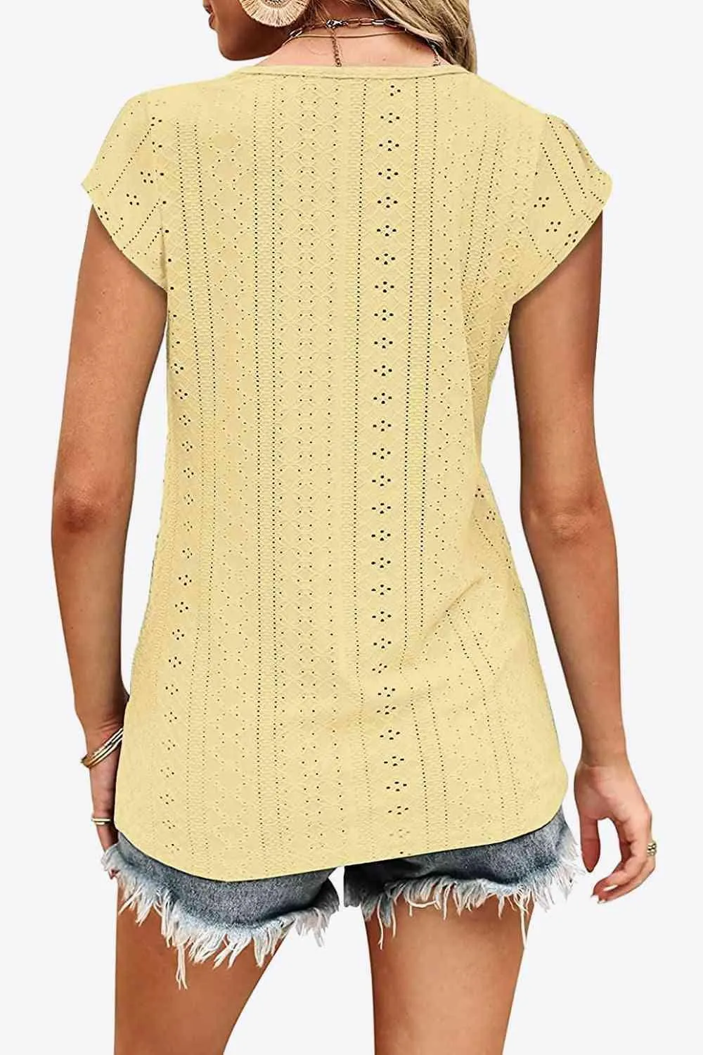 Elegant Eyelet Chevron V-Neck Tee with Stylish Openwork Design