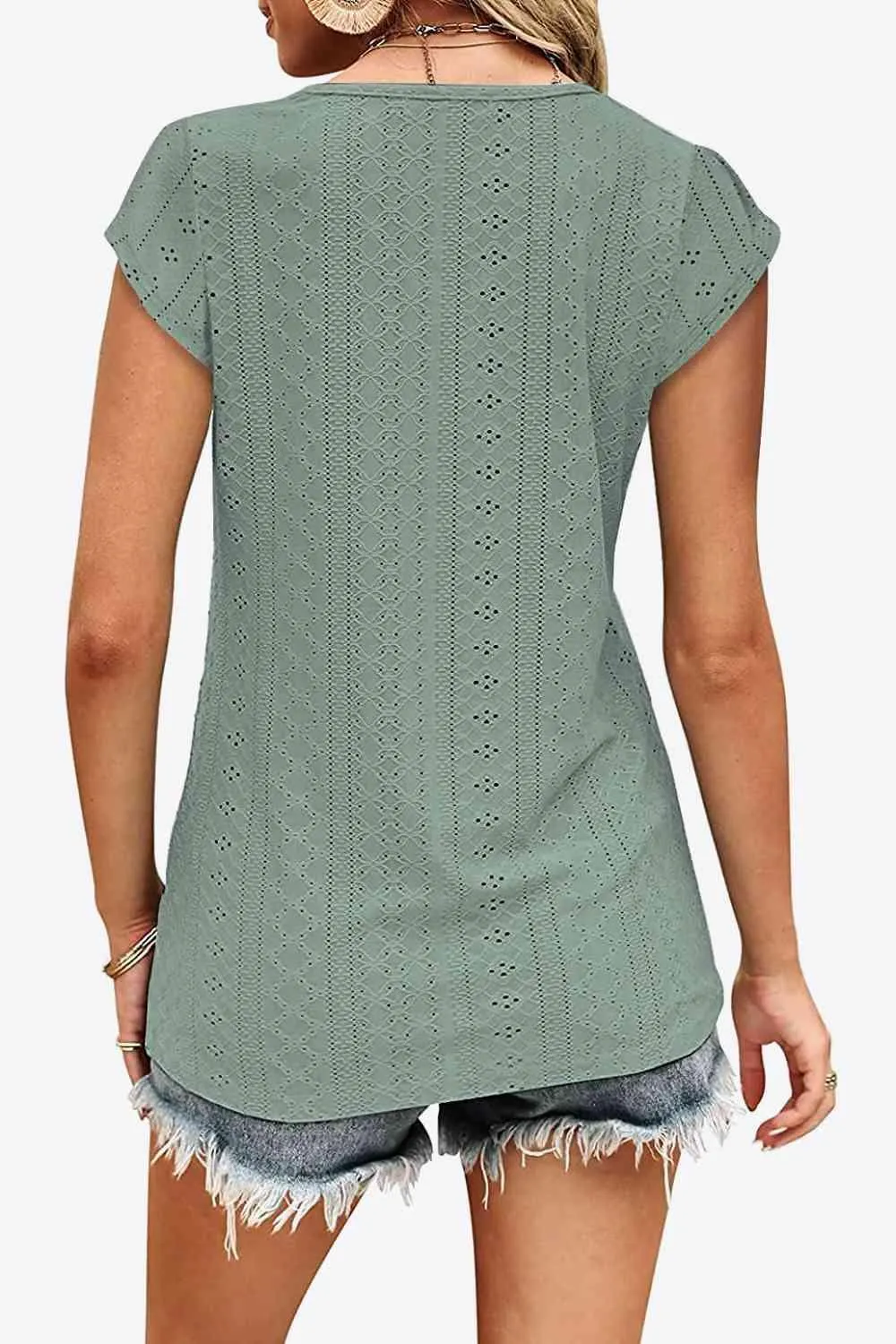 Elegant Eyelet Chevron V-Neck Tee with Stylish Openwork Design