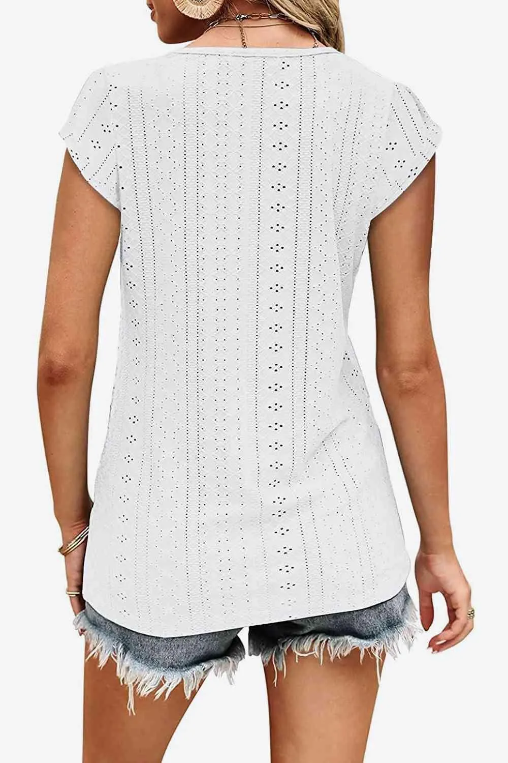 Elegant Eyelet Chevron V-Neck Tee with Stylish Openwork Design