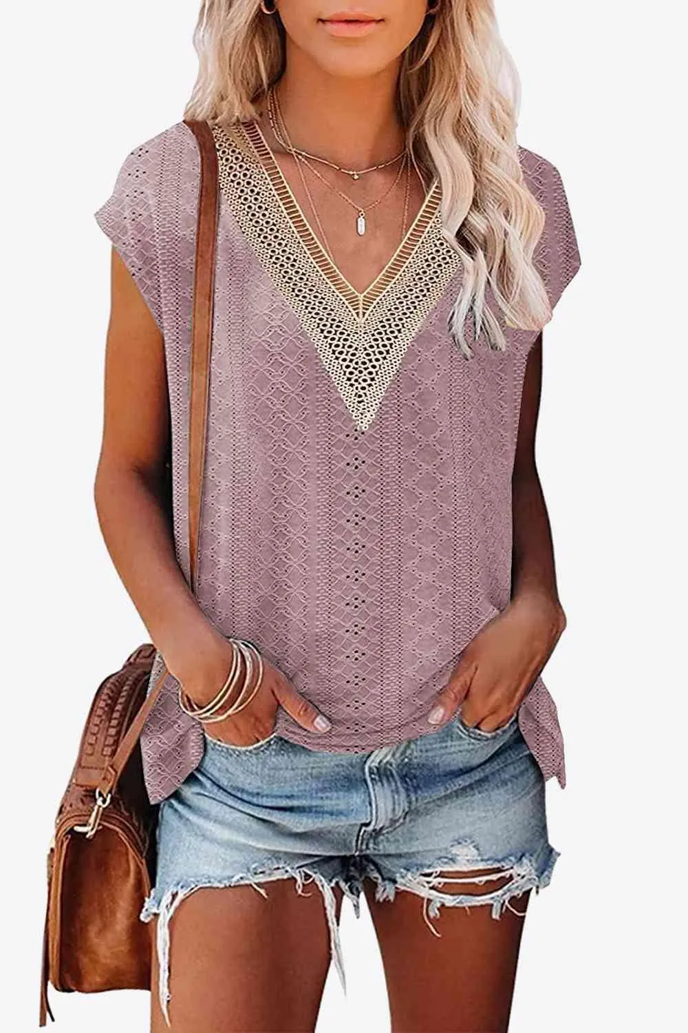 Elegant Eyelet Chevron V-Neck Tee with Stylish Openwork Design