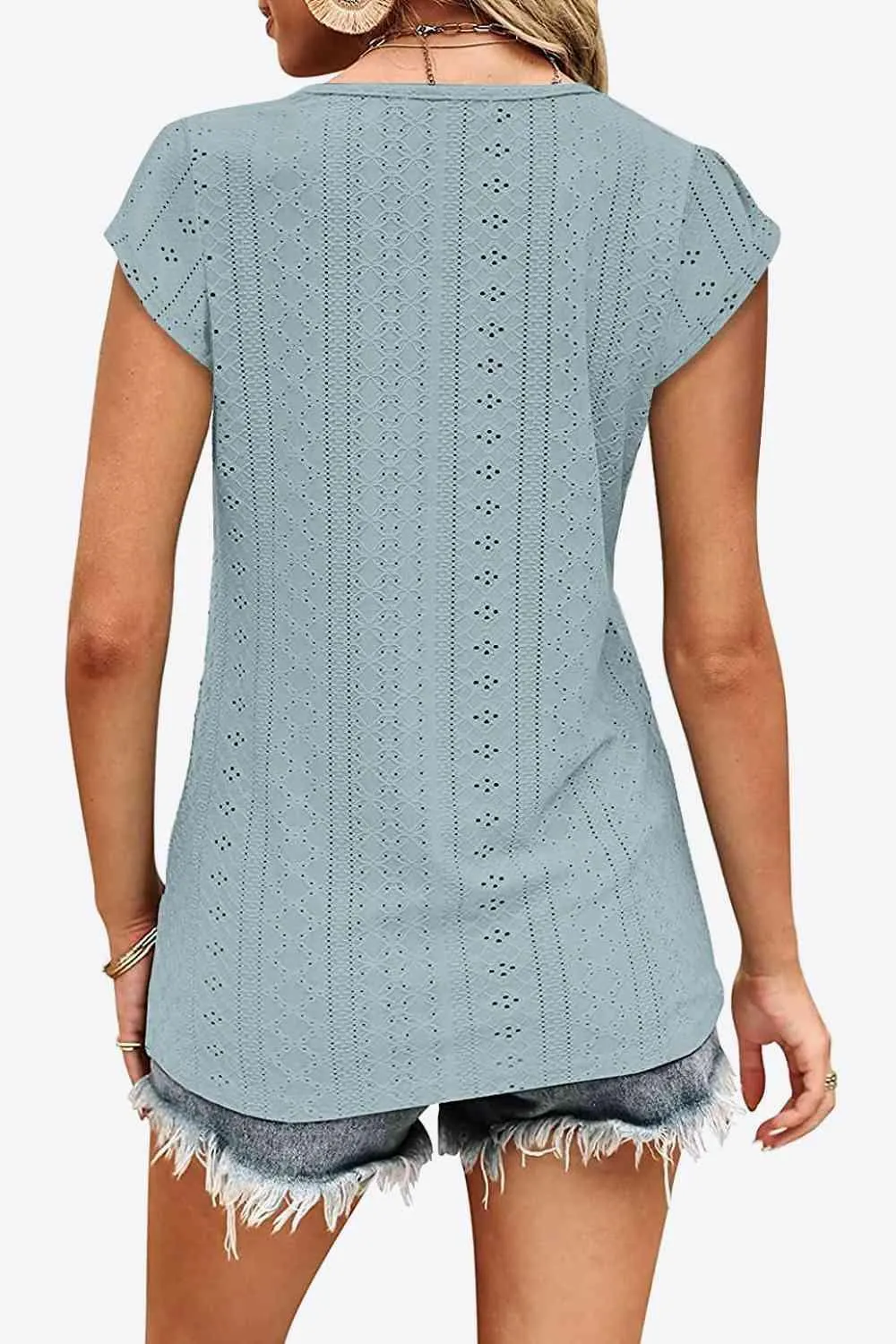 Elegant Eyelet Chevron V-Neck Tee with Stylish Openwork Design