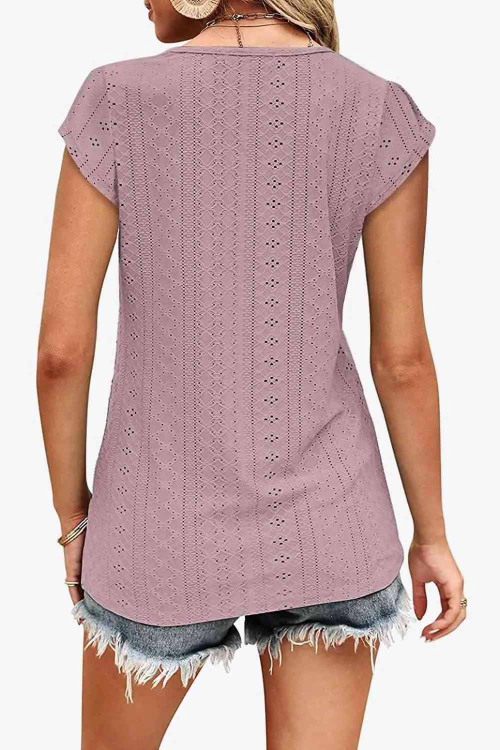 Elegant Eyelet Chevron V-Neck Tee with Stylish Openwork Design