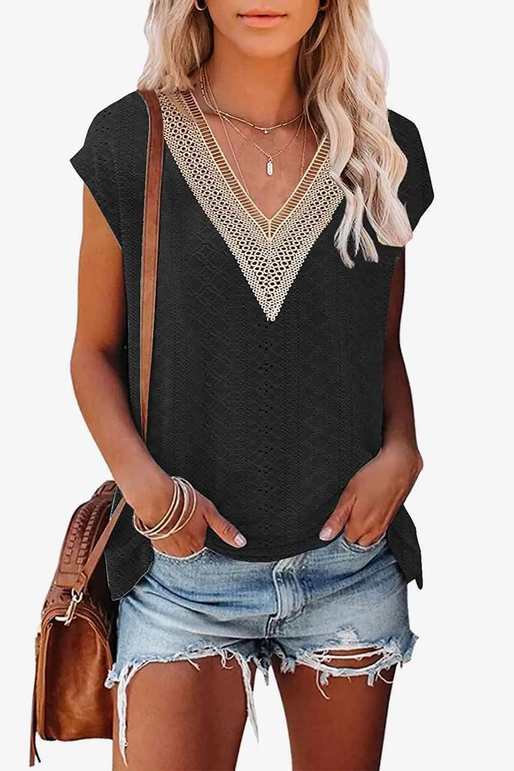 Elegant Eyelet Chevron V-Neck Tee with Stylish Openwork Design