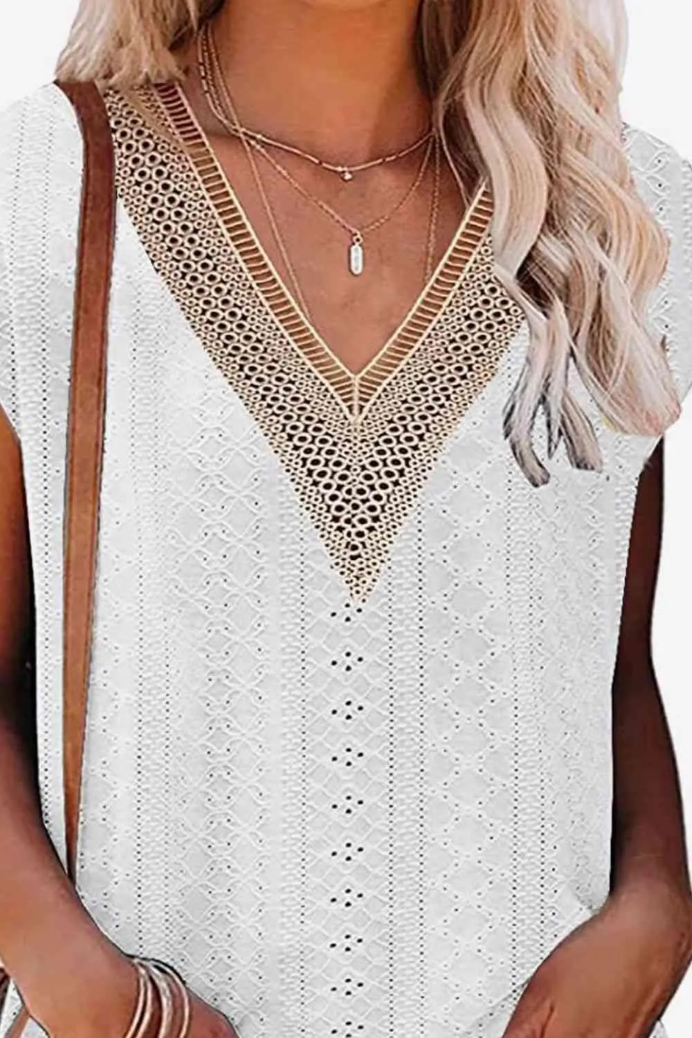 Elegant Eyelet Chevron V-Neck Tee with Stylish Openwork Design