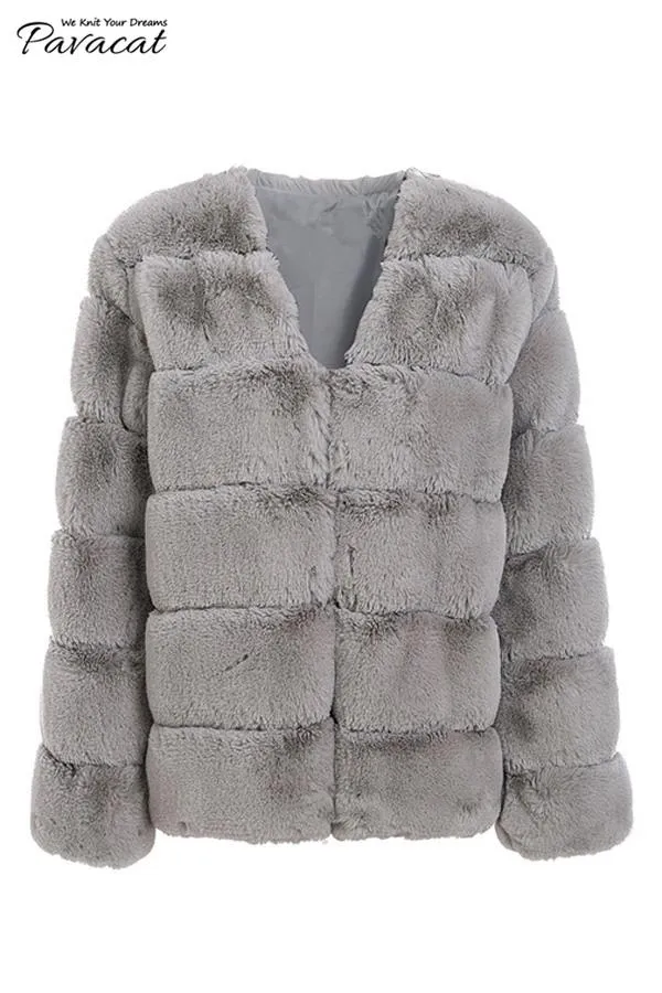 Elegant Thick Fluffy Faux Fur Coat - Dark Green