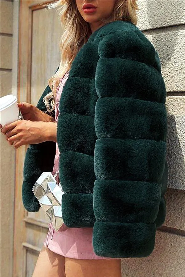 Elegant Thick Fluffy Faux Fur Coat - Dark Green