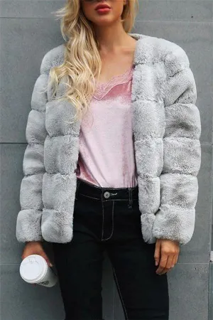 Elegant Thick Fluffy Faux Fur Coat - Light Gray