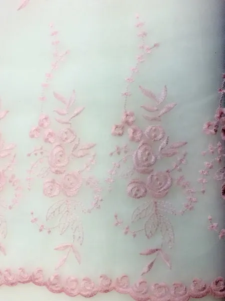 Fancy Organza - 53-inches Wide Pink Embroidery on White