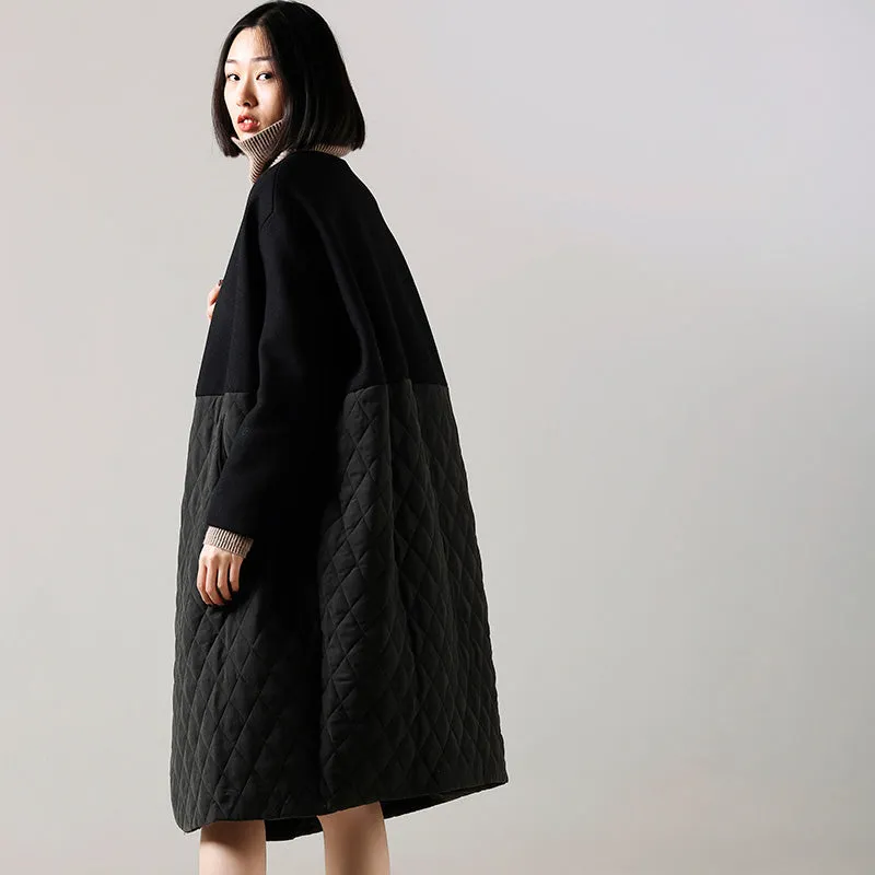 Fashion black Wool jackets plus size Winter coat patchwork women coats v neck