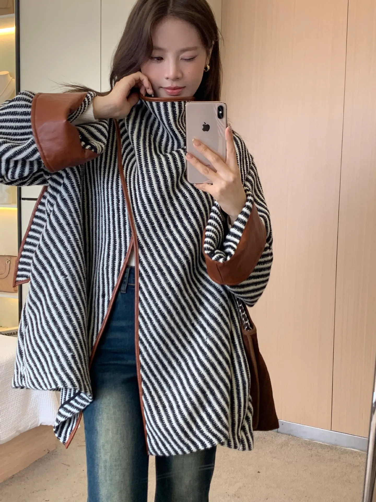 Fashionkova fashion outfits French Striped Irregular Shawl Woolen Coat for Women Autumn and Winter New Fashionable Temperament Loose Slimming Top