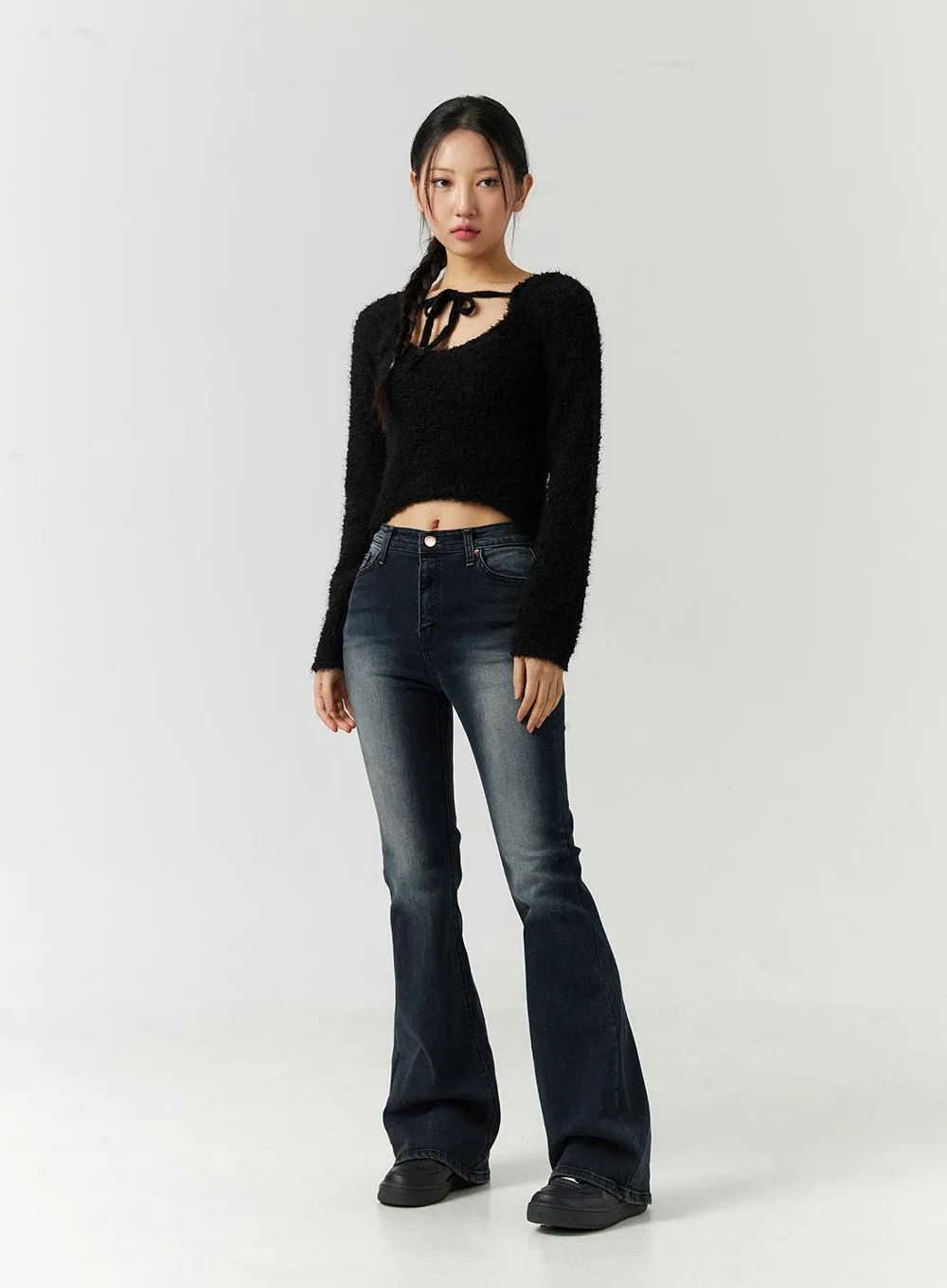 Faux Fur Cropped Sweater with High Collar Ribbon CD301