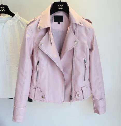 Female 2017 New Design Spring Autumn PU Leather Jacket Faux Soft Leather Coat Slim Black Rivet Zipper Motorcycle Pink Jackets