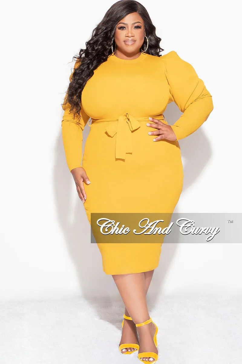 Final Sale Plus Size “Sonya Dress” - Puffy Sleeve Ribbed BodyCon Dress with Waist Tie in Mustard