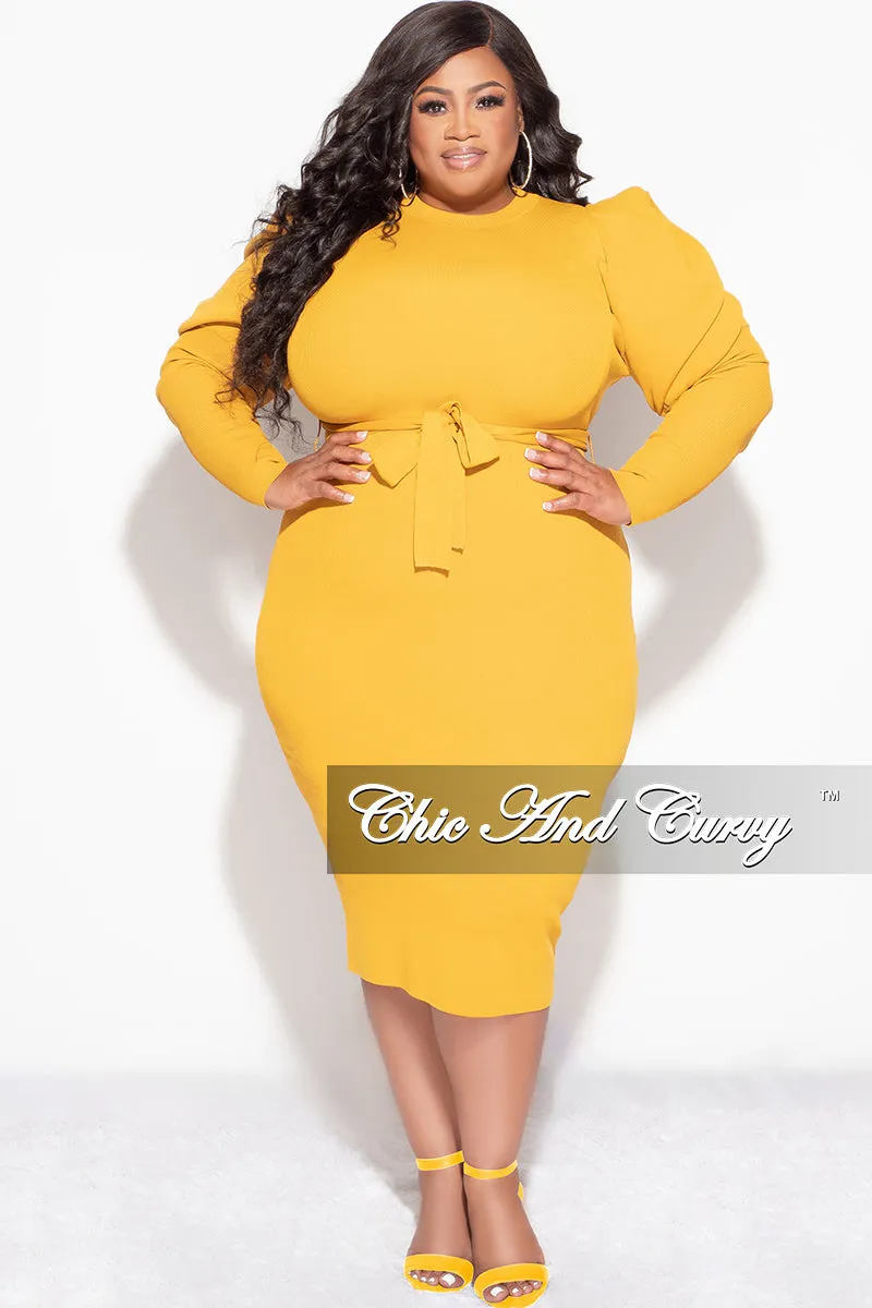 Final Sale Plus Size “Sonya Dress” - Puffy Sleeve Ribbed BodyCon Dress with Waist Tie in Mustard