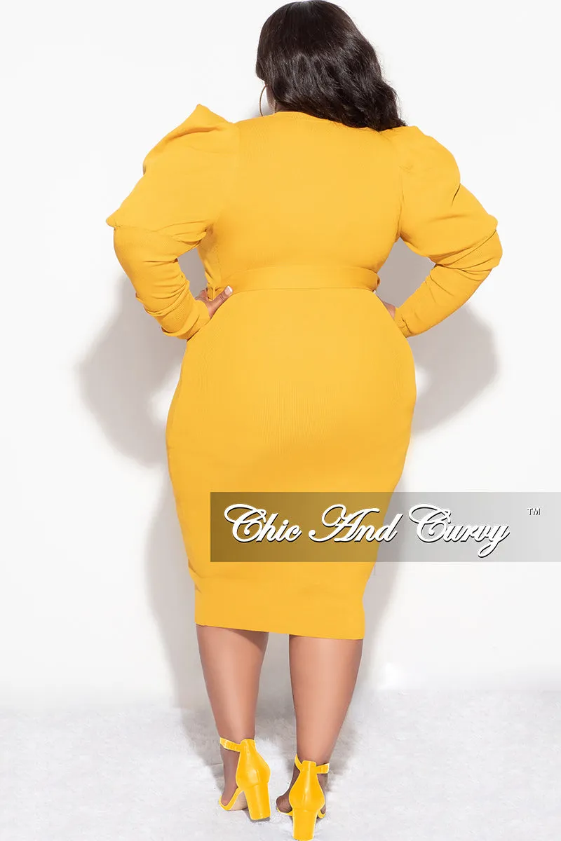 Final Sale Plus Size “Sonya Dress” - Puffy Sleeve Ribbed BodyCon Dress with Waist Tie in Mustard