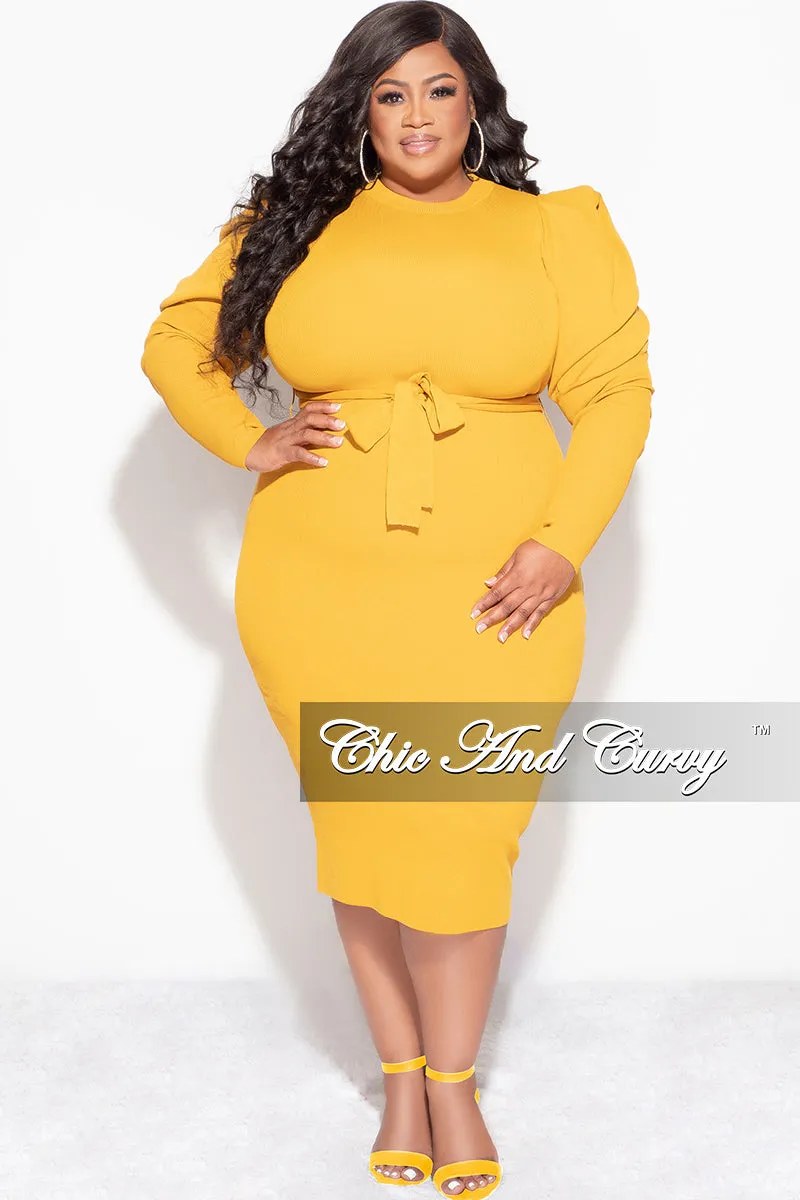 Final Sale Plus Size “Sonya Dress” - Puffy Sleeve Ribbed BodyCon Dress with Waist Tie in Mustard