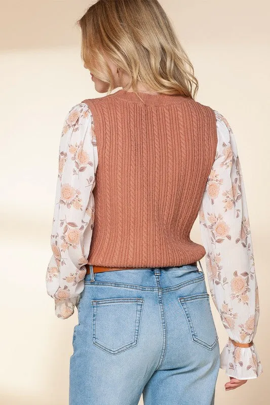 Floral Ruffle Cuff Sleeve Cable Knit Sweater