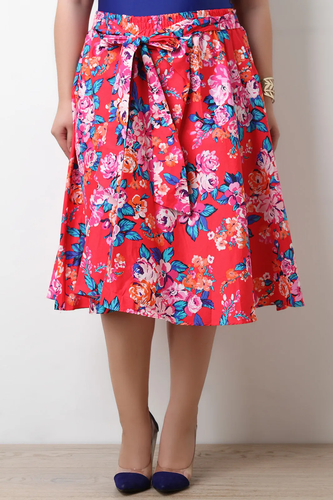 Floral Self-Tie Bow High Waisted Midi Skirt