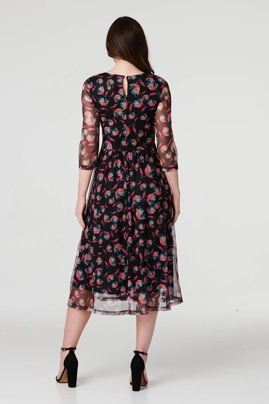 Floral Semi Sheer Ruched Midi Dress