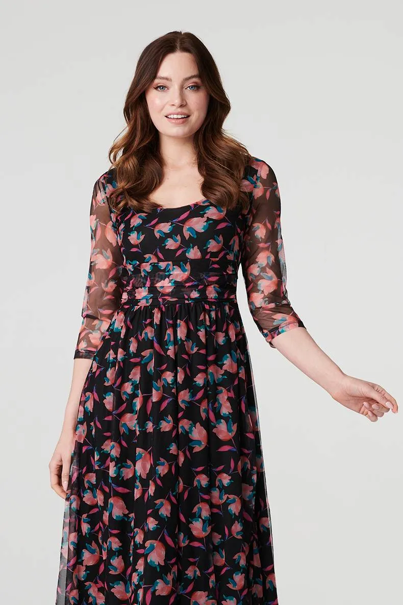 Floral Semi Sheer Ruched Midi Dress