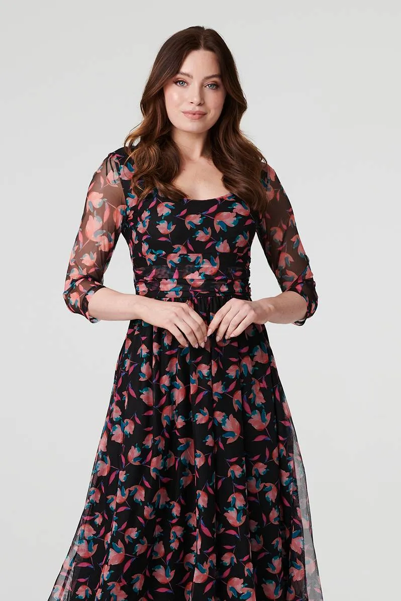 Floral Semi Sheer Ruched Midi Dress