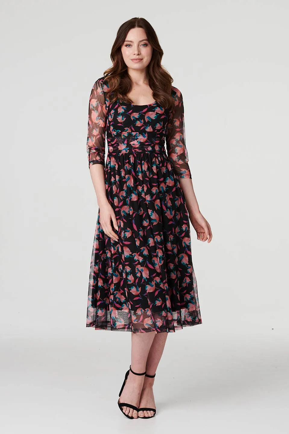 Floral Semi Sheer Ruched Midi Dress