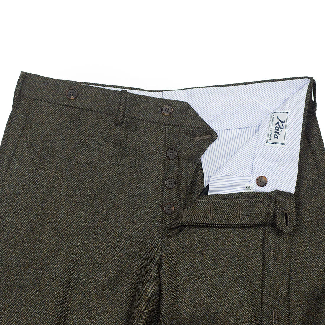 Forest green herringbone wool flannel trousers