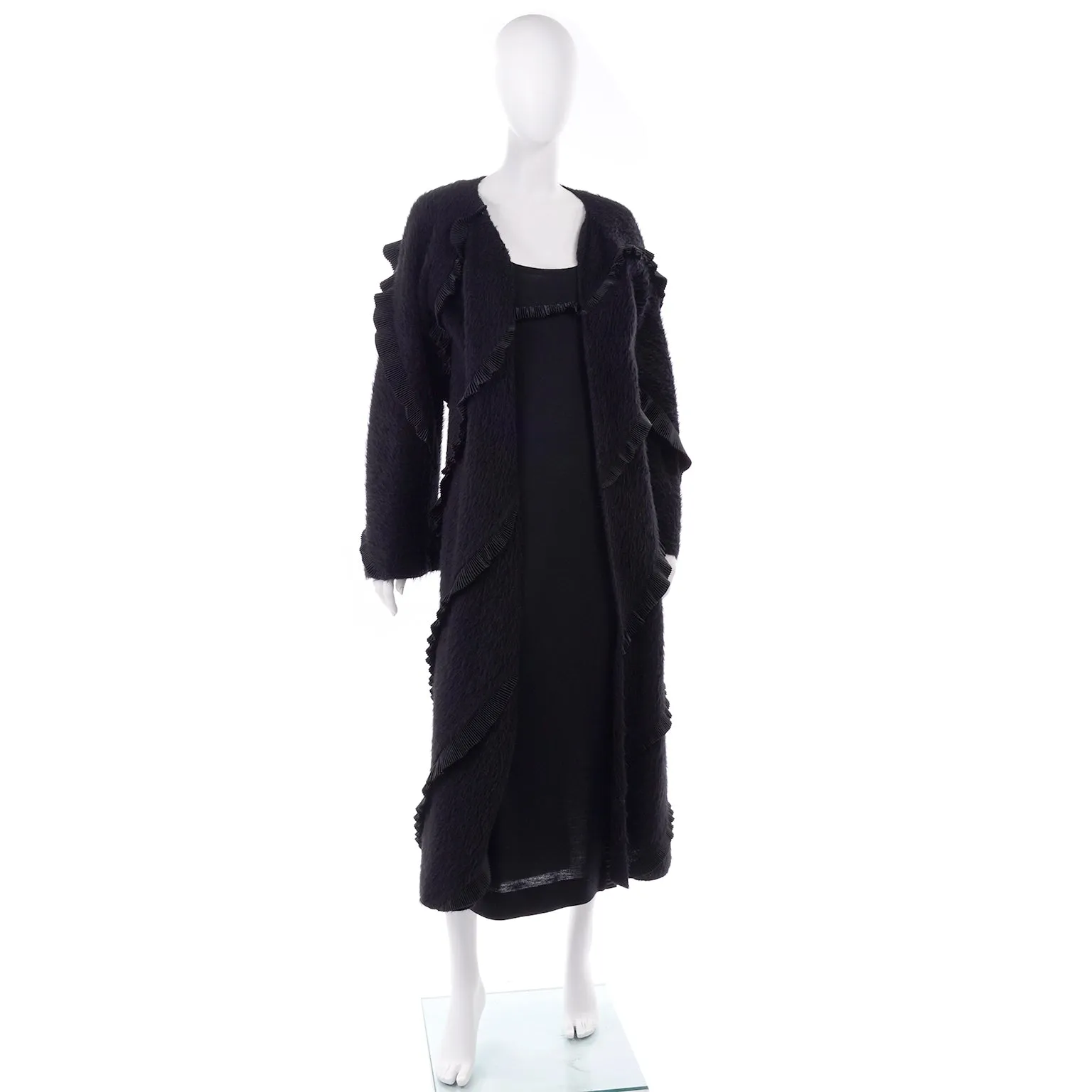 F/W 1999 Geoffrey Beene Vintage Black Alpaca Dress and Coat Ensemble