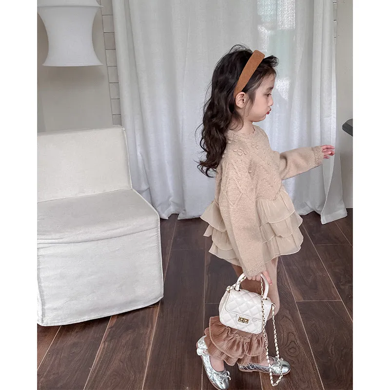 Girls' princess lace splicing sweater 2024 spring new yarn edge wool knitted sweater children's pullover top