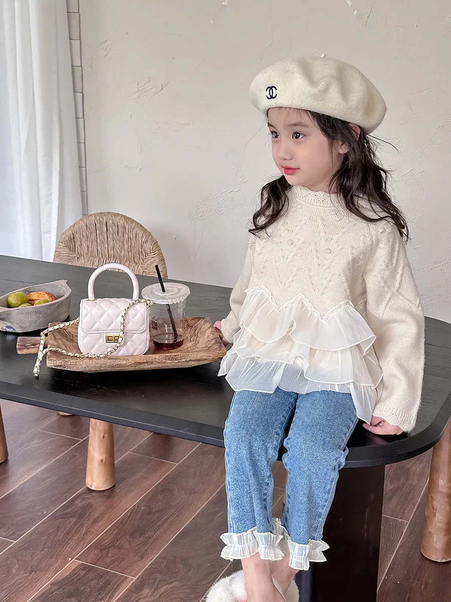 Girls' princess lace splicing sweater 2024 spring new yarn edge wool knitted sweater children's pullover top