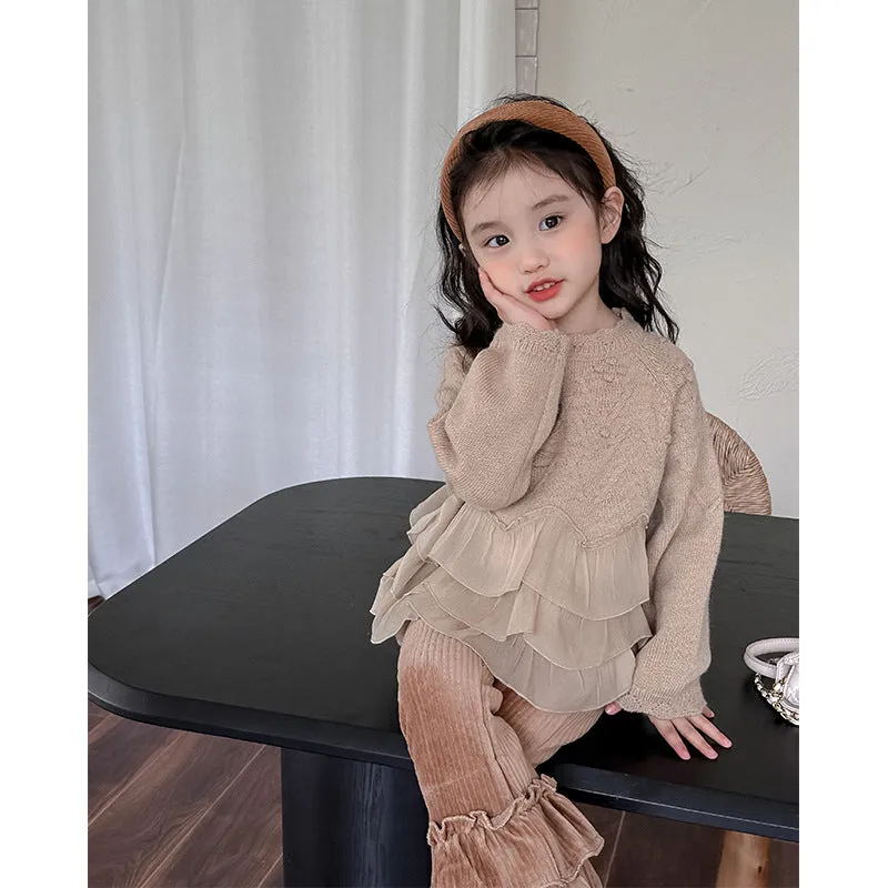 Girls' princess lace splicing sweater 2024 spring new yarn edge wool knitted sweater children's pullover top