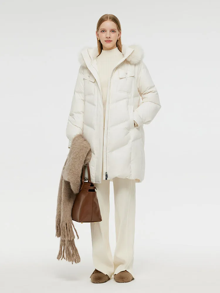 Goose Down Coat With Detachable Faux Fur Hood