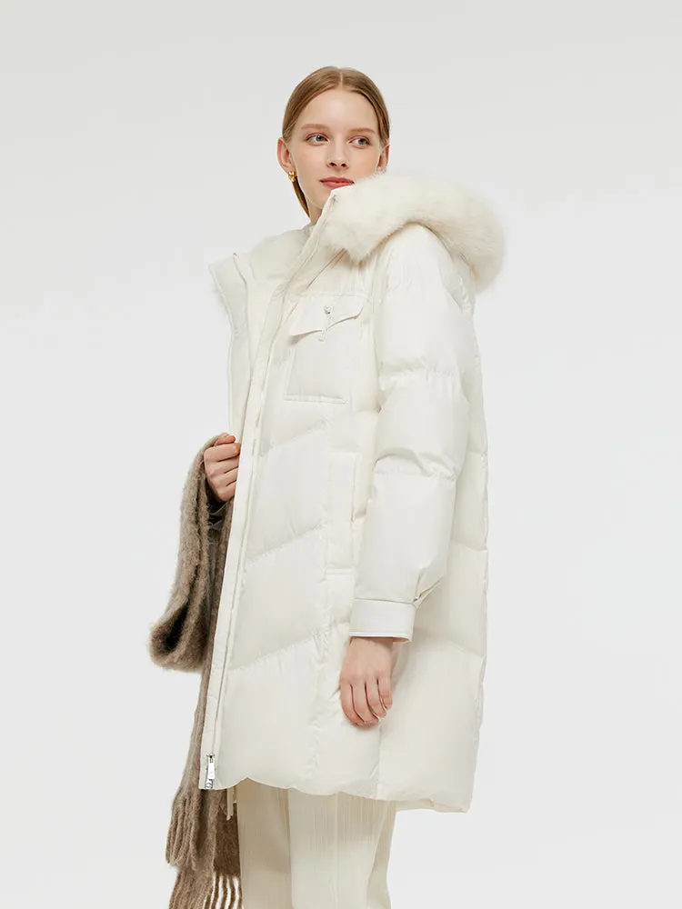 Goose Down Coat With Detachable Faux Fur Hood