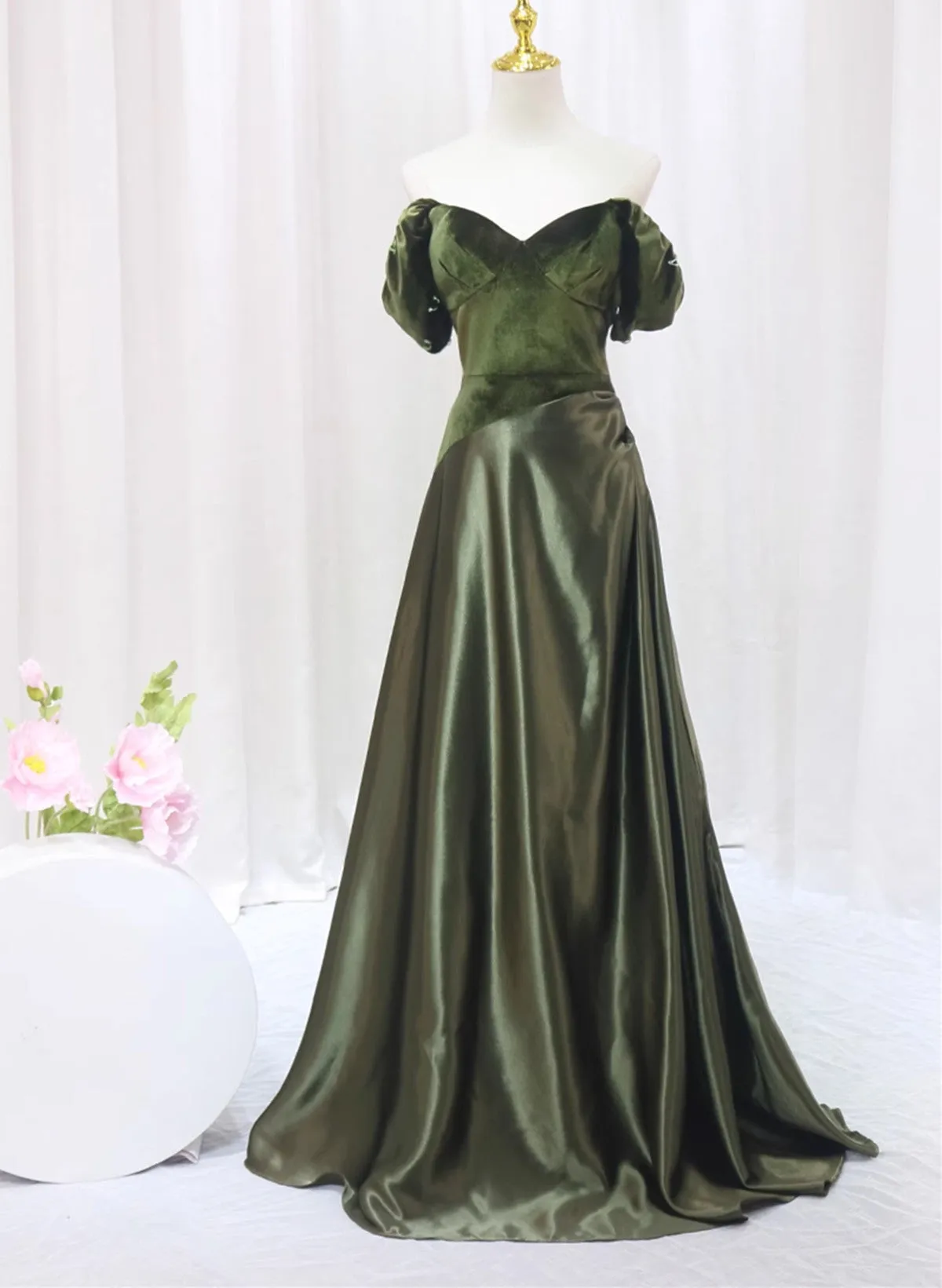 Green A-line Velvet Soft Satin Long Prom Dress, Green A-line Prom Dress