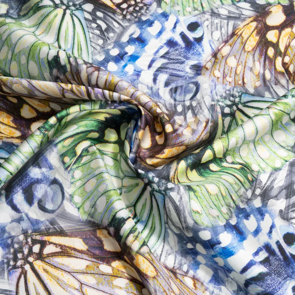 Green & Blue Butterfly Wing Printed Poly & Silk Mikado