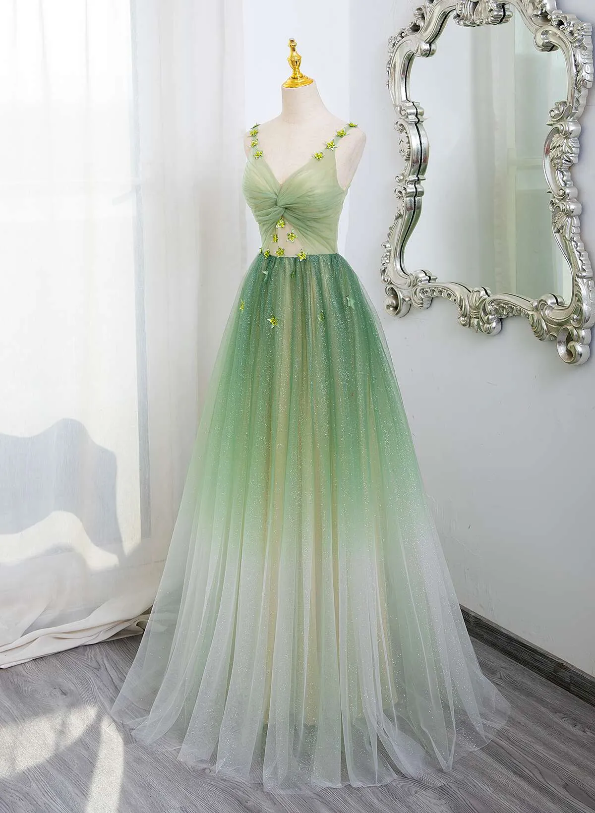 Green Gradient A-line Tulle V-neckline Long Party Dress, Green Tulle Prom Dress