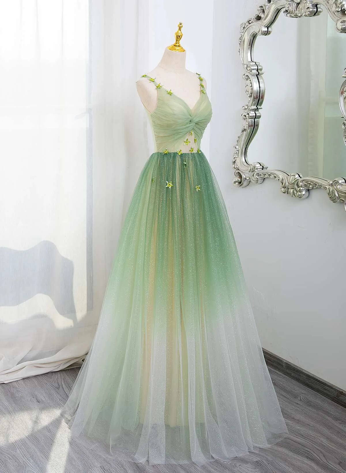 Green Gradient A-line Tulle V-neckline Long Party Dress, Green Tulle Prom Dress