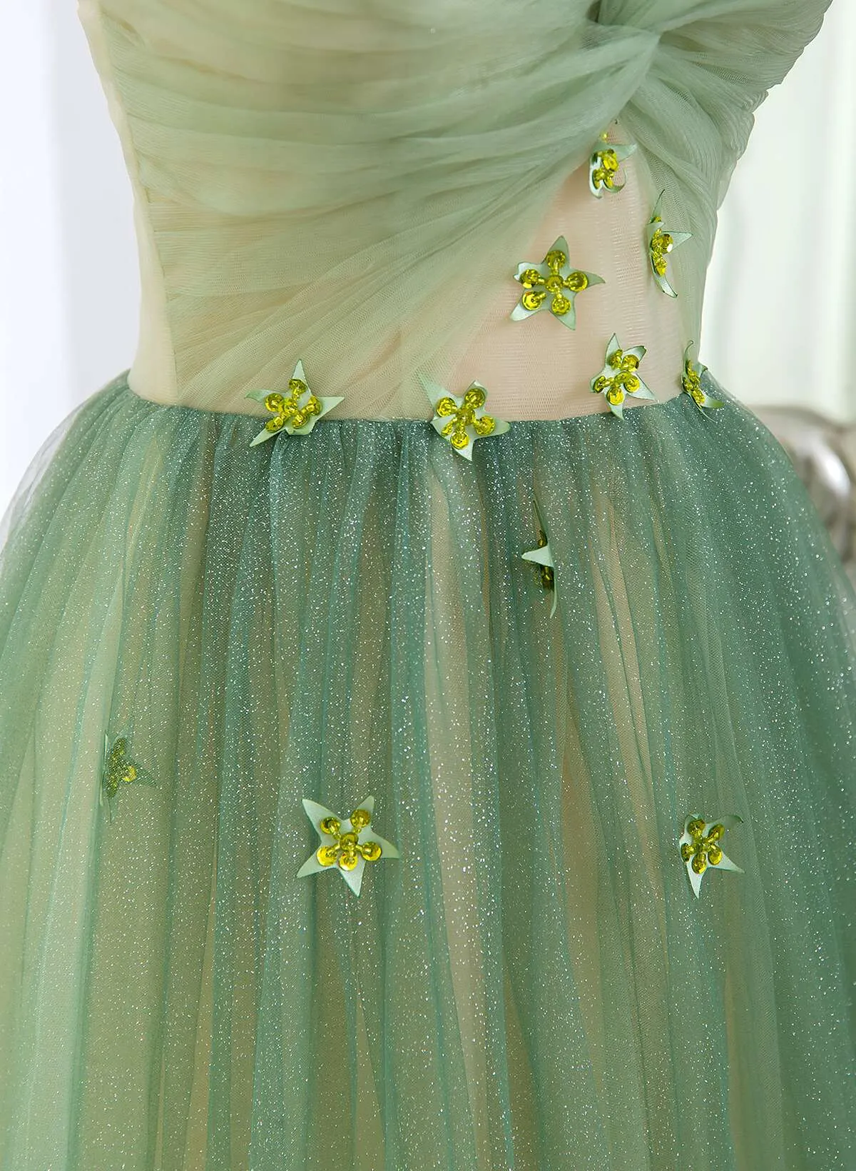 Green Gradient A-line Tulle V-neckline Long Party Dress, Green Tulle Prom Dress